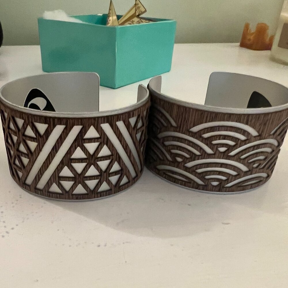 New Zealand Artist made silver cuffs bracelets w/ intricate wood overlay design